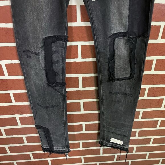 MNML Black Distressed Jeans Rope Drawstring Patches Size 34x32 Cotton Button Fly - Picture 3 of 7